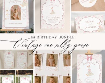 May include: A collection of pink and white party decorations with a vintage theme. The set includes invitations, stickers, signs, and photo displays, all featuring a cartoon goose and bow accents. The text includes "Emma's 1st Birthday" and "Vintage one silly goose."