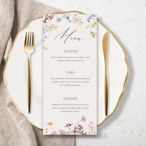 Menu thème Baby in Bloom, menu fleurs sauvages, menu mariage, Imprimable, Téléchargeable 4x9 pouces
