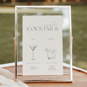 Enseigne de boisson modifiable, menu du bar, imprimable, modèle d'enseigne de cocktail signature de mariage, minimal, neutre, noir et blanc, tailles 5 x 7 et 8 x 10