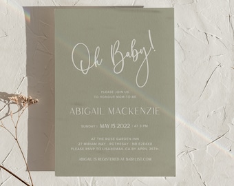 Editable Baby Shower Invitation, Oh Baby Olive Green, Printable, Downloadable Invite, Neutral, Minimal