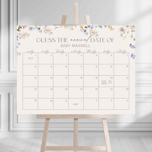 Calendário de datas de vencimento, placa de bebê em flor, placa de chá de bebê, flores silvestres, modelo mínimo para impressão, tamanhos 18x24 e 24x36