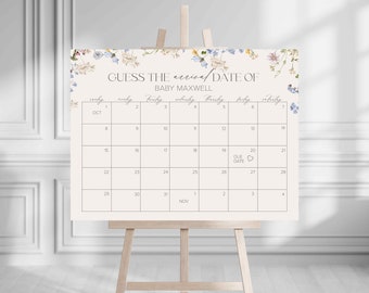 Due Date Calendar, Baby in Bloom Sign, Baby Shower Sign, Wildflowers, Minimal, Printable Template, 18x24 and 24x36 sizes