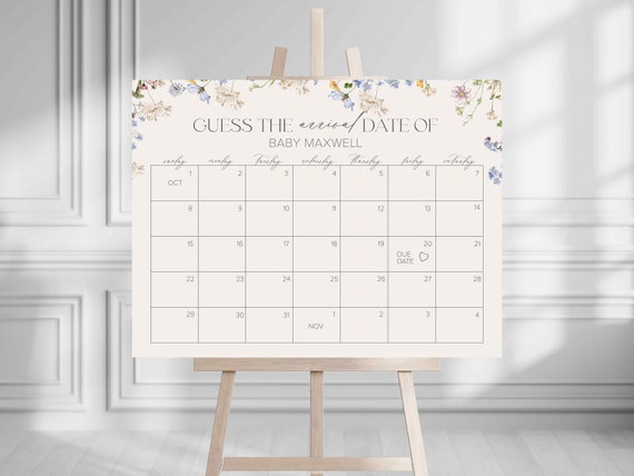 Due Date Calendar, Baby in Bloom Sign, Baby Shower Sign, Wildflowers, Minimal, Printable Template, 18x24 and 24x36 sizes
