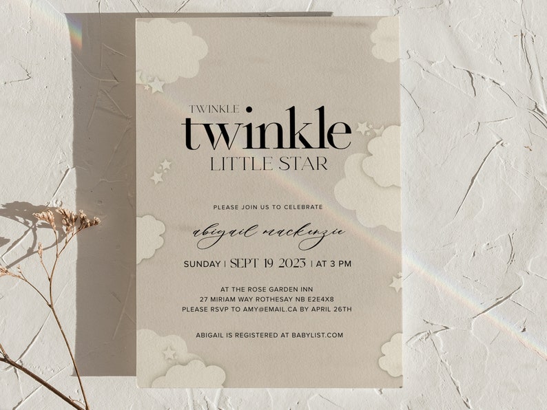 Editable Baby Shower Invitation, Twinkle Twinkle Little Star, Printable, Downloadable Invite, Minimal image 1