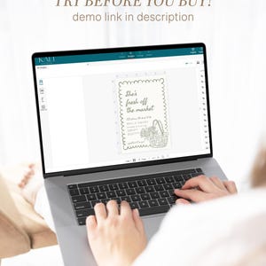 May include: A laptop displaying a wedding invitation design with the text "She's fresh off the market." The design includes a basket of flowers. The words "Try before you buy! demo link in description" are at the top.
