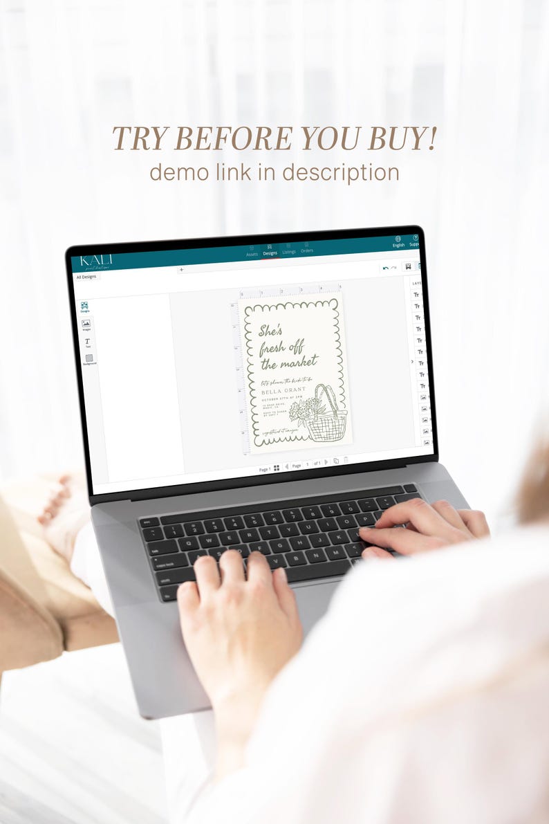 May include: A laptop displaying a wedding invitation design with the text "She's fresh off the market." The design includes a basket of flowers. The words "Try before you buy! demo link in description" are at the top.