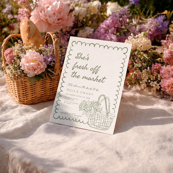 Fresh off the Market Bridal Shower Invitation Template: Whimsical Hand-Drawn Template (Digital Download)