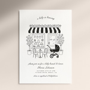A Baby is Brewing Shower Invite, Baby Brunch Invitation, Coquette Baby Shower Whimsical Cafe Coffee Baby Shower Brunch Editable Invite