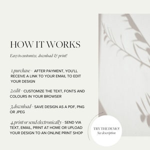 May include: How it works: A white background with black text explaining the steps to purchase, edit, download, and print or send electronically a design. The text includes "AFTER PAYMENT, YOU'LL RECEIVE A LINK TO YOUR EMAIL TO EDIT YOUR DESIGN", "CUSTOMIZE THE TEXT, FONTS AND COLOURS IN YOUR BROWSER", "SAVE DESIGN AS A PDF, PNG OR JPEG", and "SEND VIA TEXT, EMAIL, PRINT AT HOME OR UPLOAD YOUR DESIGN TO AN ONLINE PRINT SHOP". There is a white circle with black text that says "TRY THE DEMO! See description".