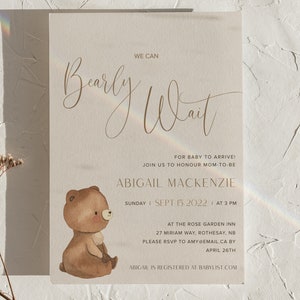 Bearly Wait, Editable Baby Shower Invitation, Printable, Downloadable Invite, Neutral, Minimal