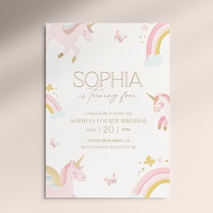 May include: A white invitation card with a unicorn theme. The card features the name "SOPHIA" in gold lettering, along with the text "is turning four." Pink unicorns, rainbows, and butterflies decorate the card. The invitation is for Sophia's fourth birthday.
