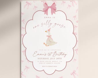 Vintage One Silly Goose First Birthday Invitation, First Birthday Invite, First Birthday Girl, 1st Birthday Invite, Editable Digital Invite