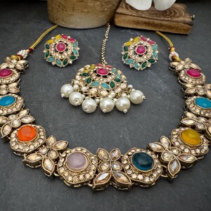 Antique Bronze Gold Navratan Indian Jewelry Set: Multicolor Flexible Choker Round Necklace Stud Earrings Mangtika image 7