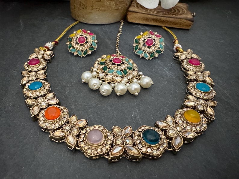 Antique Bronze Gold Navratan Indian Jewelry Set: Multicolor Flexible Choker Round Necklace Stud Earrings Mangtika image 7