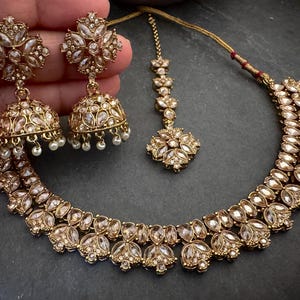 TULIP Bronze gold Polki light necklace set: Indian Pakistani wedding Jewelry with Jhumka earrings and mangtika