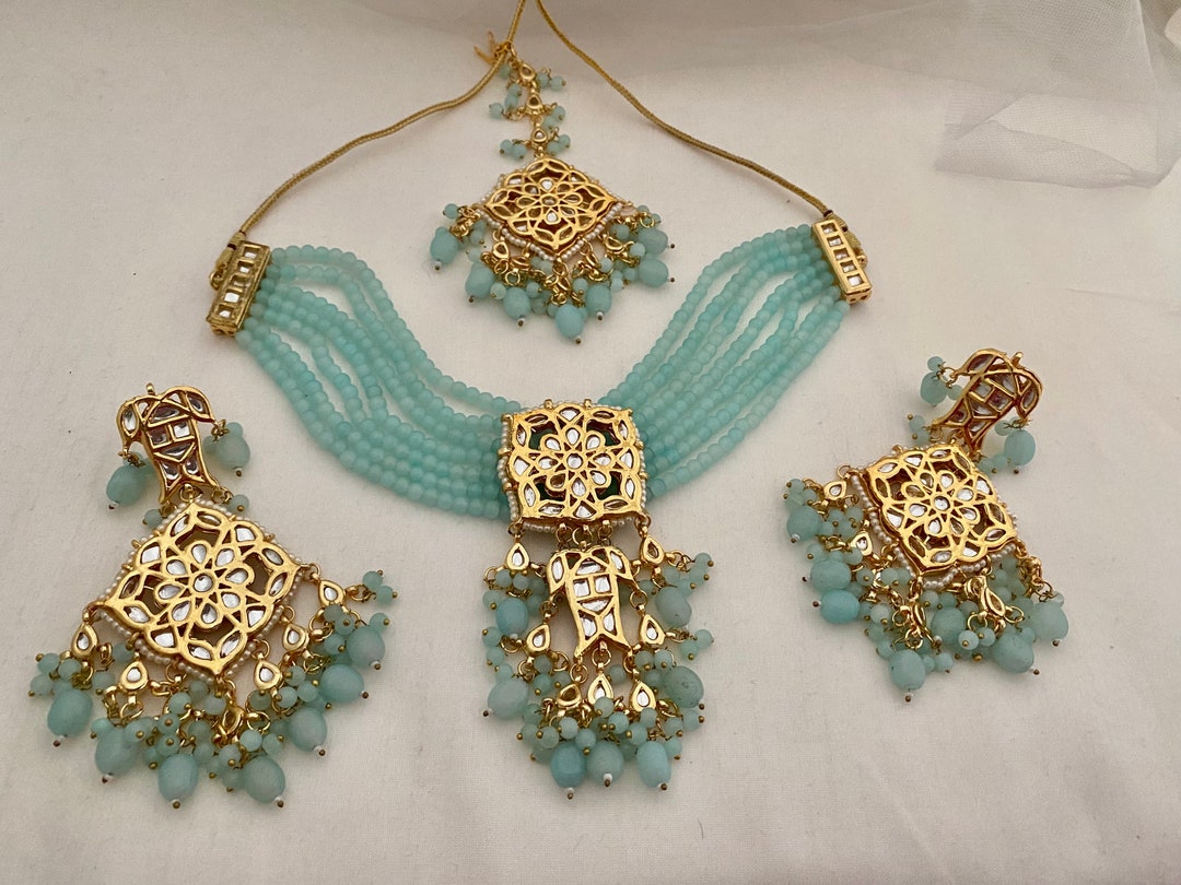 Light Blue Choker Set Kundan Choker Set Indian Choker Necklace Set, Indian Bridal Necklace Set