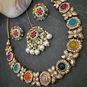 Antique Bronze Gold Navratan Indian Jewelry Set: Multicolor Flexible Choker Round Necklace Stud Earrings Mangtika image 9