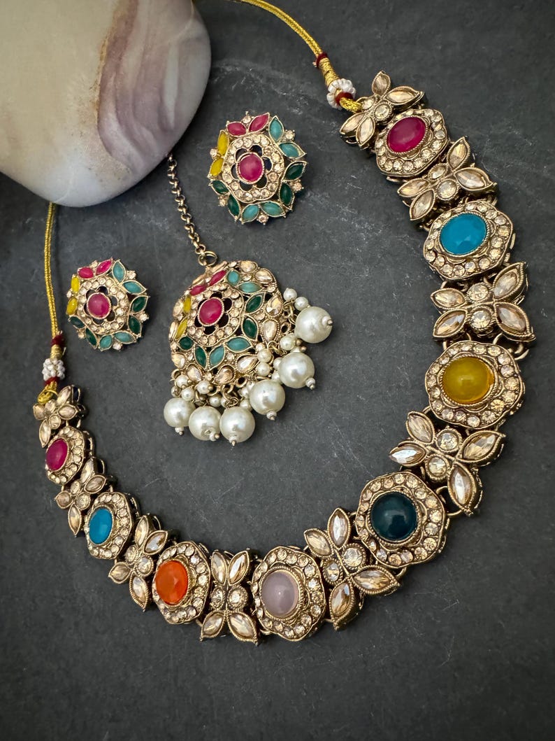 Antique Bronze Gold Navratan Indian Jewelry Set: Multicolor Flexible Choker Round Necklace Stud Earrings Mangtika image 9