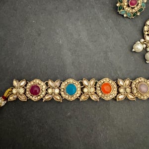 Antique Bronze Gold Navratan Indian Jewelry Set: Multicolor Flexible Choker Round Necklace Stud Earrings Mangtika image 13