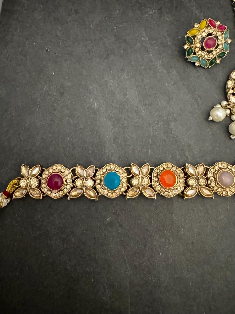 Antique Bronze Gold Navratan Indian Jewelry Set: Multicolor Flexible Choker Round Necklace Stud Earrings Mangtika image 13