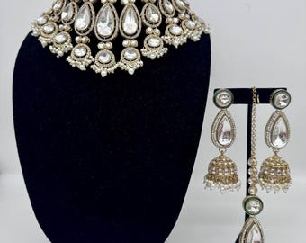 Antique Gold Victorian Bridal Choker Necklace, Earrings, Mangtika Set: Indian Wedding Jewelry