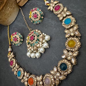 Antique Bronze Gold Navratan Indian Jewelry Set: Multicolor Flexible Choker Round Necklace Stud Earrings Mangtika image 5