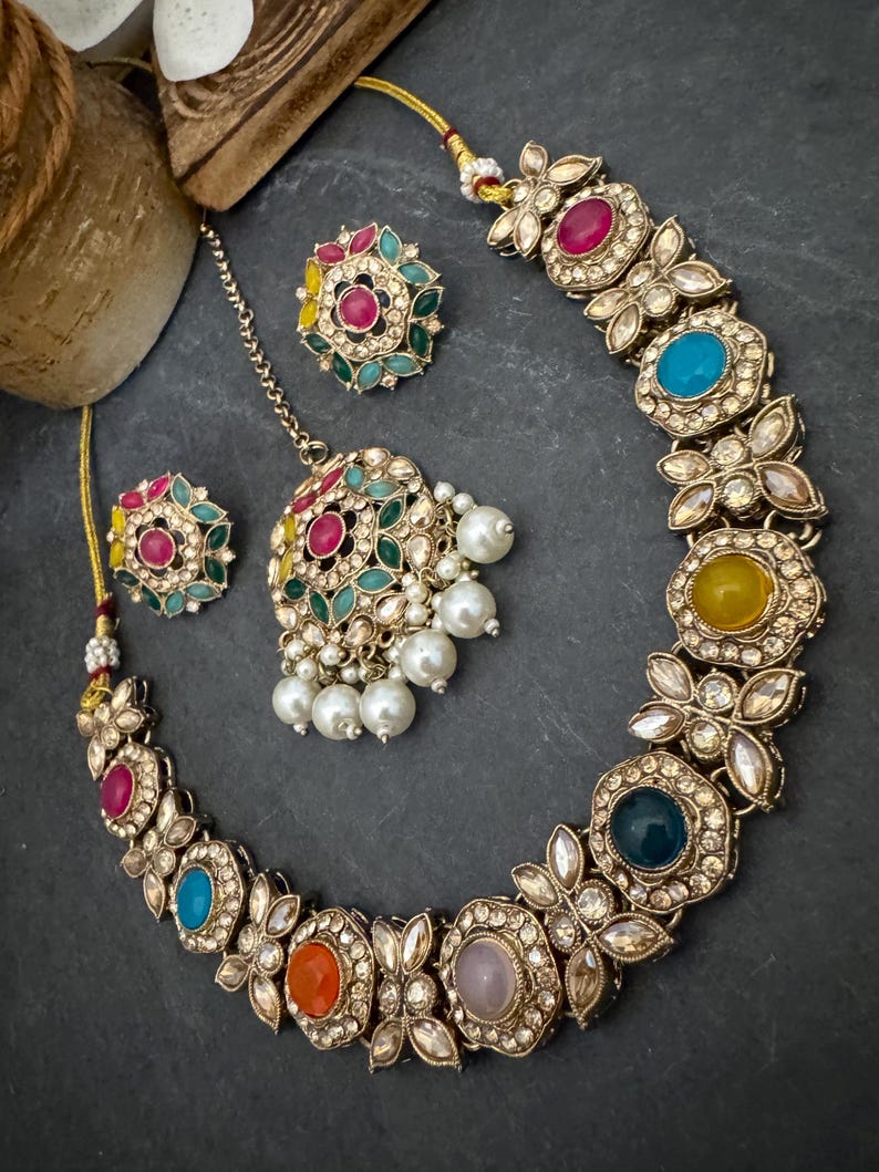 Antique Bronze Gold Navratan Indian Jewelry Set: Multicolor Flexible Choker Round Necklace Stud Earrings Mangtika image 5