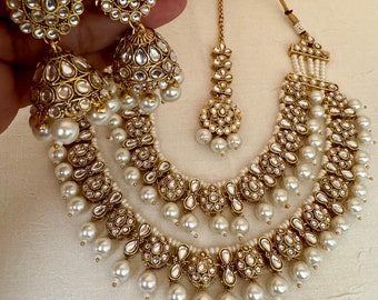 Kundan Pearl Indian Wedding Jewelry Set: Gold Layered Necklace Jhumka Earrings Mangtika