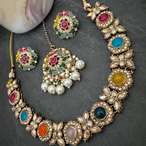 Antique Bronze Gold Navratan Indian Jewelry Set: Multicolor Flexible Choker Round Necklace Stud Earrings Mangtika image 20
