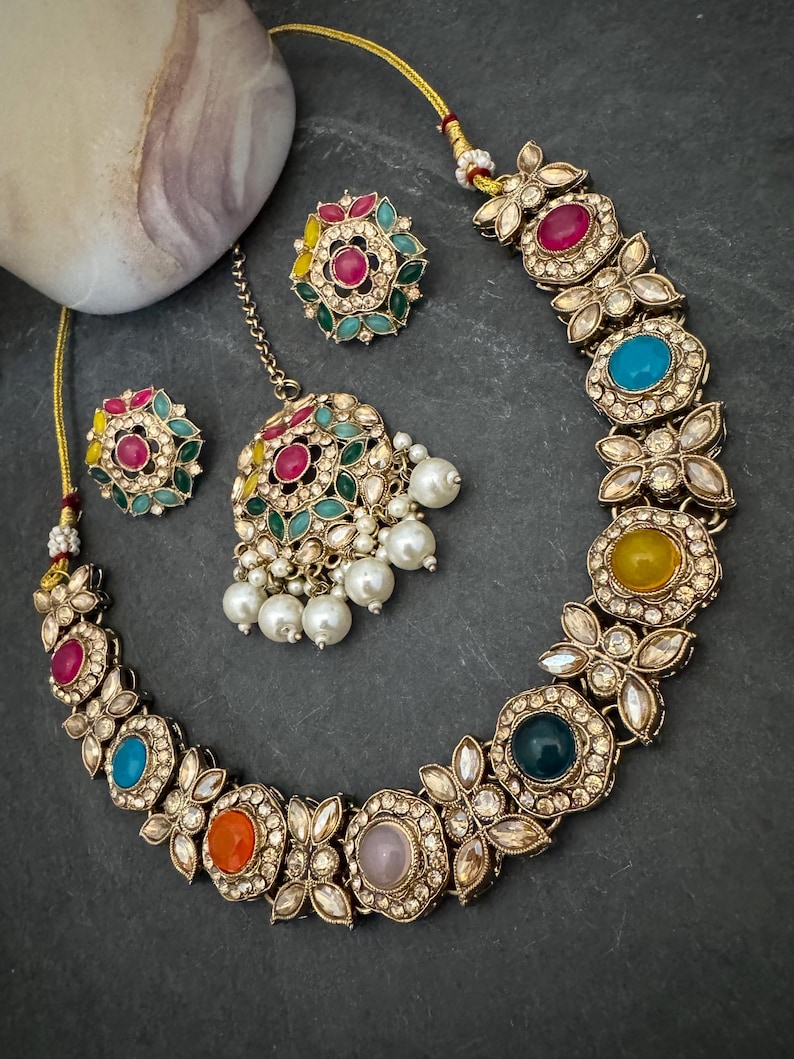 Antique Bronze Gold Navratan Indian Jewelry Set: Multicolor Flexible Choker Round Necklace Stud Earrings Mangtika image 20