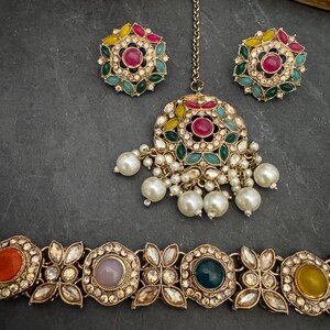 Antique Bronze Gold Navratan Indian Jewelry Set: Multicolor Flexible Choker Round Necklace Stud Earrings Mangtika image 10