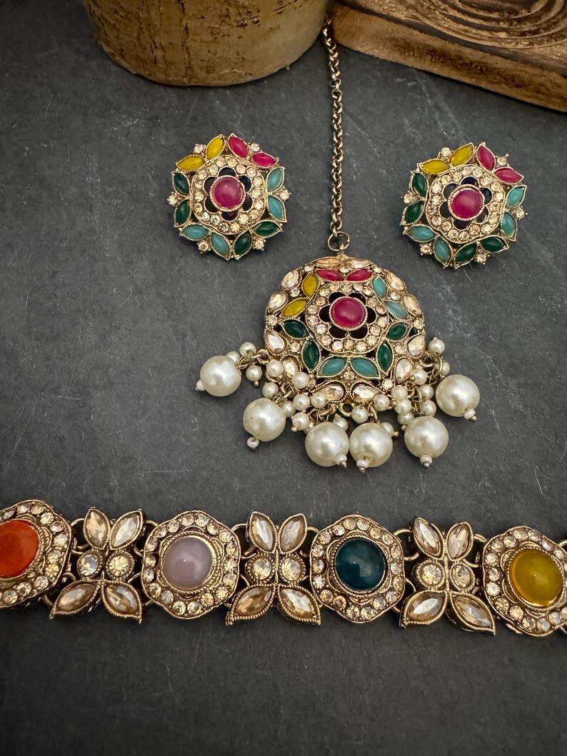 Antique Bronze Gold Navratan Indian Jewelry Set: Multicolor Flexible Choker Round Necklace Stud Earrings Mangtika image 10