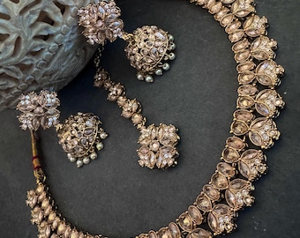TULIP Bronze antique gold Polki light necklace set: Indian Pakistani wedding Jewelry with Jhumka earrings and mangtika