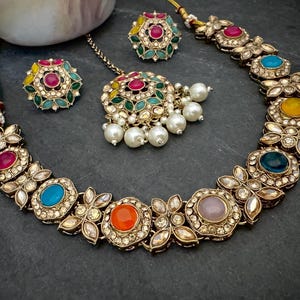 Antique Bronze Gold Navratan Indian Jewelry Set: Multicolor Flexible Choker Round Necklace Stud Earrings Mangtika image 12