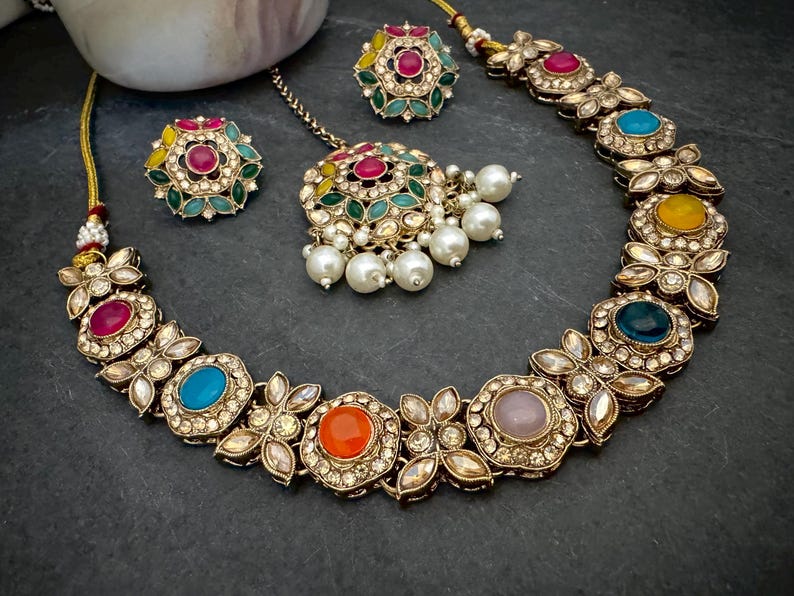 Antique Bronze Gold Navratan Indian Jewelry Set: Multicolor Flexible Choker Round Necklace Stud Earrings Mangtika image 12