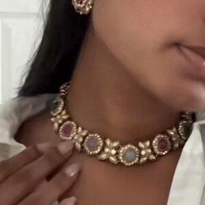 Antique Bronze Gold Navratan Indian Jewelry Set: Multicolor Flexible Choker Round Necklace Stud Earrings Mangtika image 3