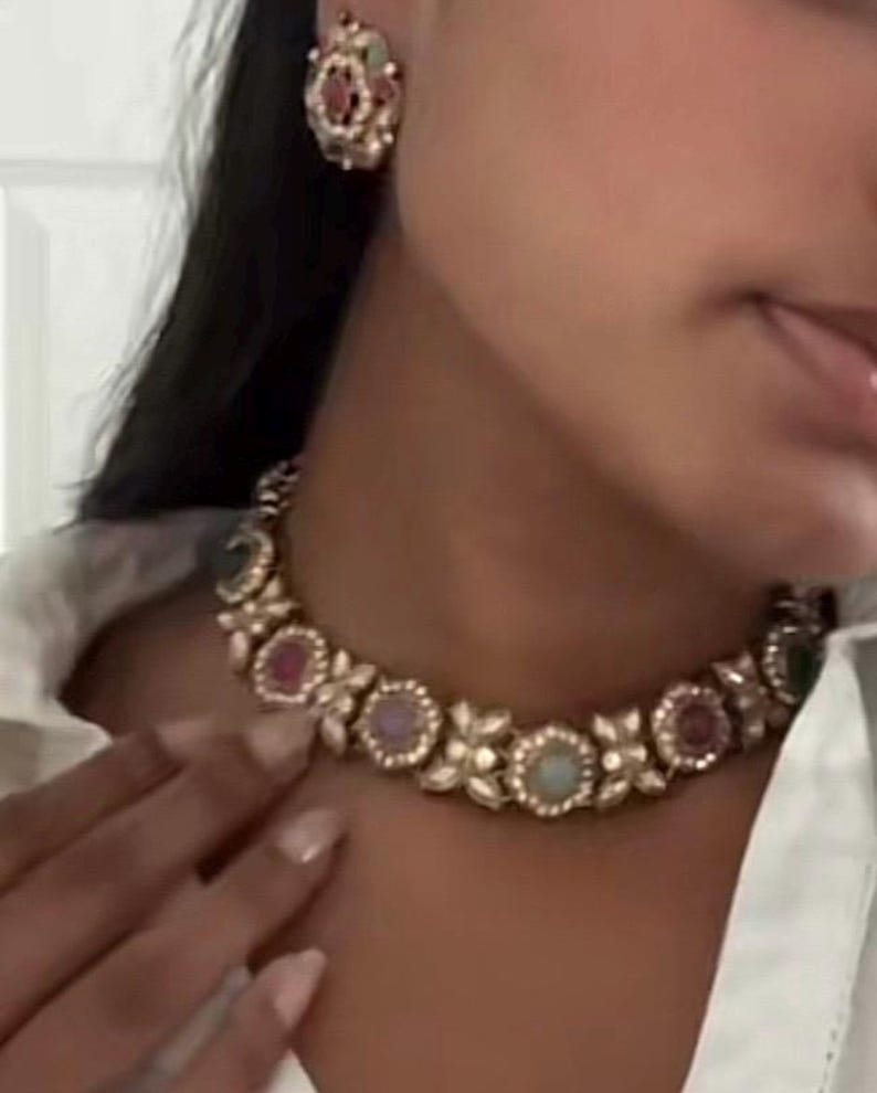 Antique Bronze Gold Navratan Indian Jewelry Set: Multicolor Flexible Choker Round Necklace Stud Earrings Mangtika image 3