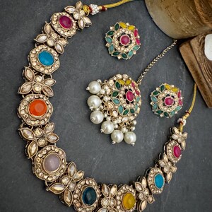Antique Bronze Gold Navratan Indian Jewelry Set: Multicolor Flexible Choker Round Necklace Stud Earrings Mangtika image 16