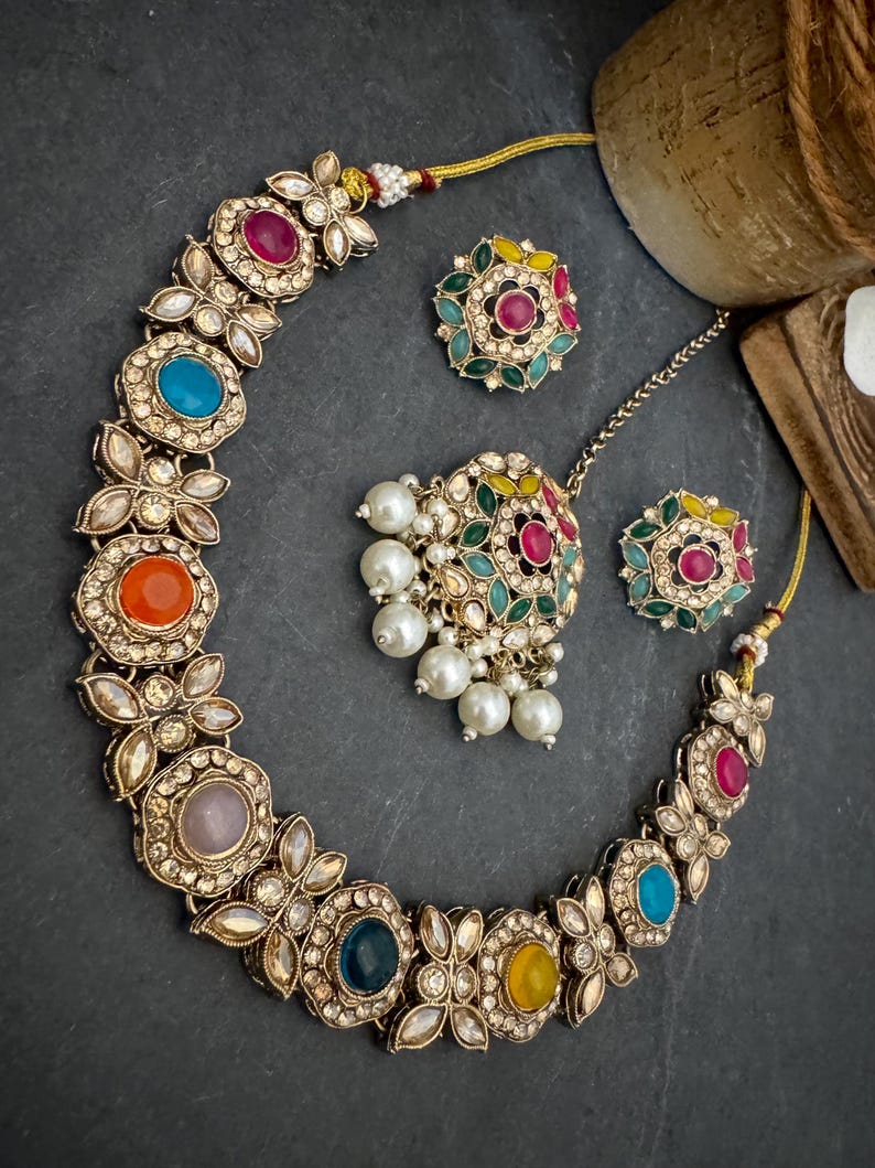 Antique Bronze Gold Navratan Indian Jewelry Set: Multicolor Flexible Choker Round Necklace Stud Earrings Mangtika image 16
