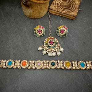 Antique Bronze Gold Navratan Indian Jewelry Set: Multicolor Flexible Choker Round Necklace Stud Earrings Mangtika image 6