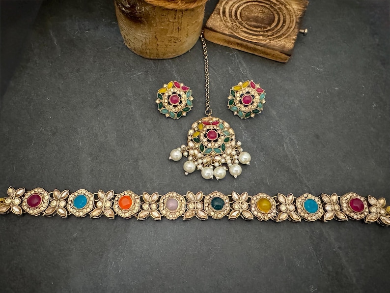 Antique Bronze Gold Navratan Indian Jewelry Set: Multicolor Flexible Choker Round Necklace Stud Earrings Mangtika image 6