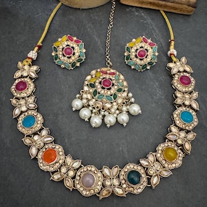 Antique Bronze Gold Navratan Indian Jewelry Set: Multicolor Flexible Choker Round Necklace Stud Earrings Mangtika image 18