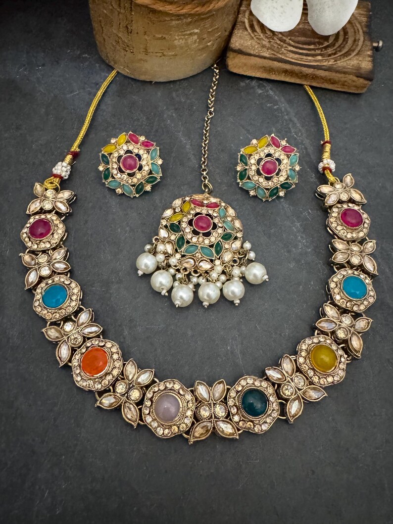 Antique Bronze Gold Navratan Indian Jewelry Set: Multicolor Flexible Choker Round Necklace Stud Earrings Mangtika image 18