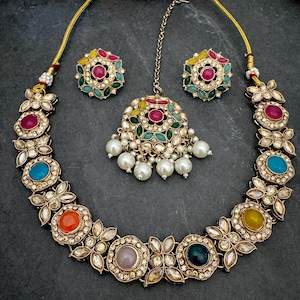 Antique Bronze Gold Navratan Indian Jewelry Set: Multicolor Flexible Choker Round Necklace Stud Earrings Mangtika image 1