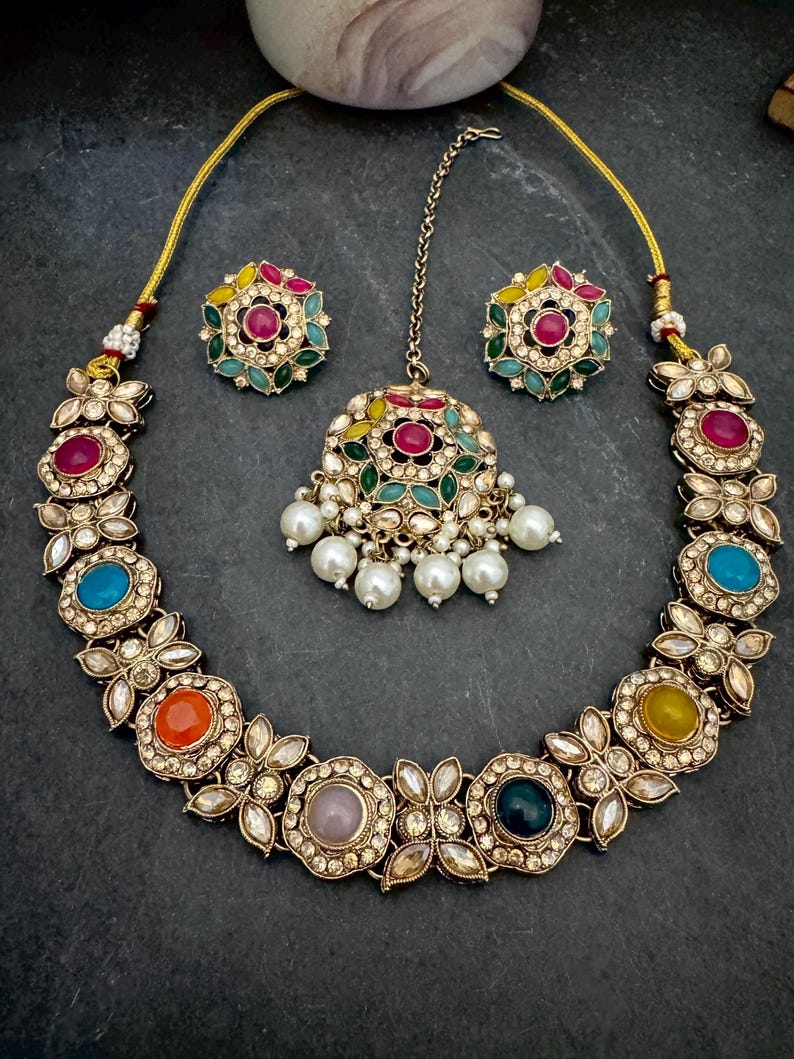 Antique Bronze Gold Navratan Indian Jewelry Set: Multicolor Flexible Choker Round Necklace Stud Earrings Mangtika image 1