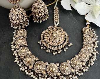 Conjunto de joyería nupcial india de perlas de plata de oro antiguo: Jhumka, Mangtika