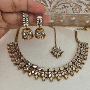 Southasian Indian Pakistani Bridesmaids silver gold white pearls green multicolor mirror choker necklace jhumka earrings set gifts for her