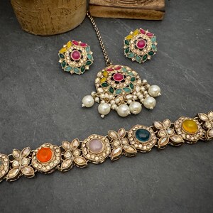 Antique Bronze Gold Navratan Indian Jewelry Set: Multicolor Flexible Choker Round Necklace Stud Earrings Mangtika image 15