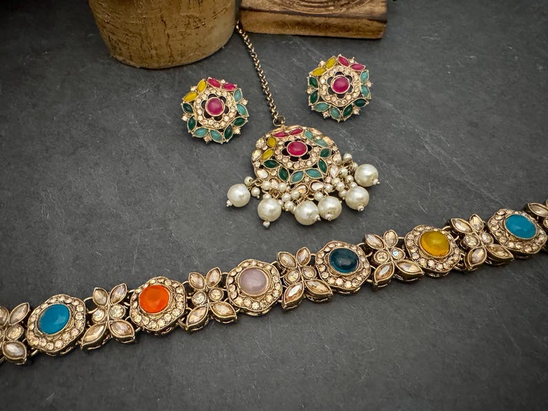 Antique Bronze Gold Navratan Indian Jewelry Set: Multicolor Flexible Choker Round Necklace Stud Earrings Mangtika image 15