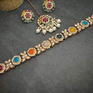 Antique Bronze Gold Navratan Indian Jewelry Set: Multicolor Flexible Choker Round Necklace Stud Earrings Mangtika image 2